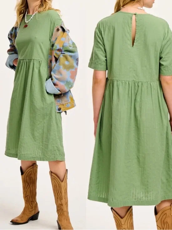 Lucy & Yak Mia Cotton Midi Dress Garland Sage Green Seersucker Lagenlook Boho - Picture 3 of 11